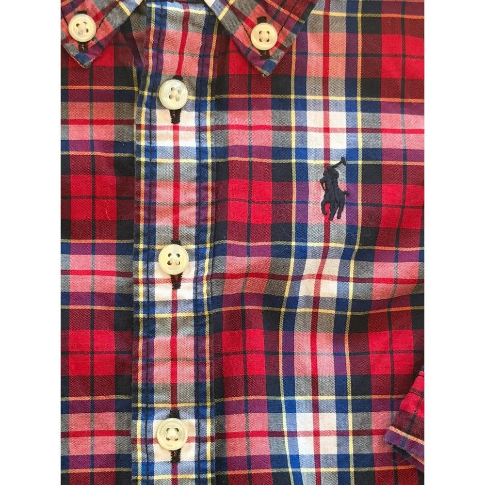 Ralph Lauren Baby Boys Plaid Button Down Shirt 3M Red Blue Pony Logo Cotton